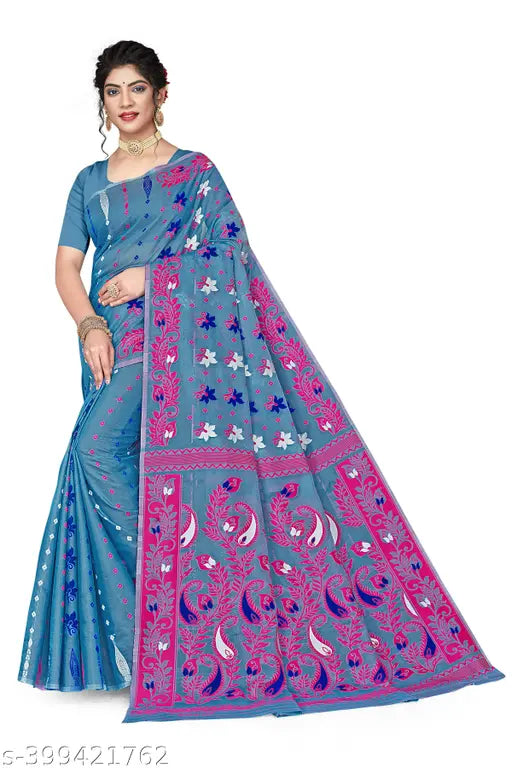 Designer Dhakai Jamdani Saree Cotton Silk Blend Sari